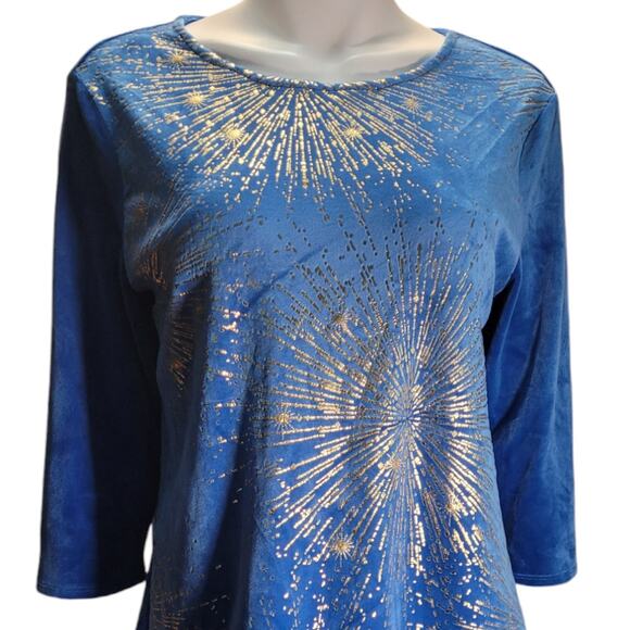 Ruby Road Blue Velour Metallic Gold Top Women's Petite Large Velvet Unique - Picture 2 of 8